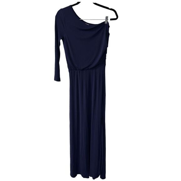 Halston Heritage Navy Blue Asymmetrical Drape Single Sleeve Maxi Dress Size XS - Picture 1 of 6